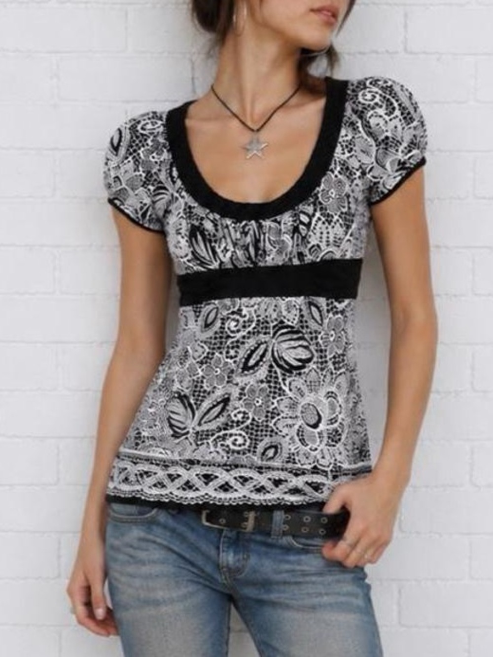 Trixxi Y2K Black White Floral Babydoll Top M Puff Sleeve Fairy Grunge Whimsigoth